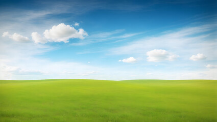 Beautiful minimalist idyllic natural landscape with green mowed grass meadow and blue textured sky with white clouds.AI - obrazy, fototapety, plakaty