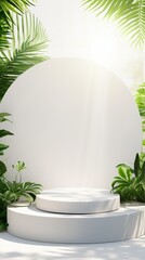 Spring abstract white stage with one circle podium mockup for cosmetic product, commodities, advertising in light interior, tiny mosaic tile, fresh tropical green foliage in sunshine
