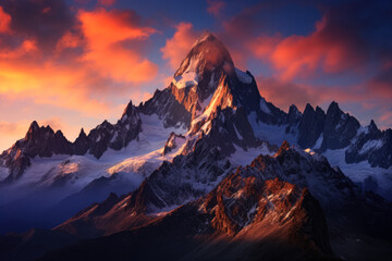 Serene sunrise over rugged mountain peak sky adorned with colorful symphony 