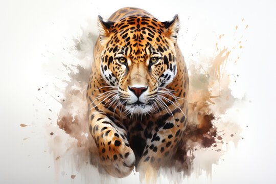 Realistic full body Jaguar portrait in watercolor brushstroke style 