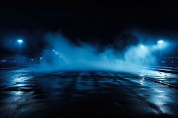 Dark emptiness wet asphalt smoke blue neon light night view  - obrazy, fototapety, plakaty