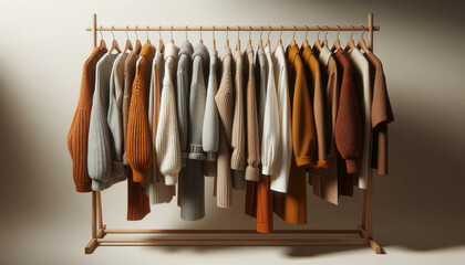 Elegantly Displayed Autumn-Winter Wardrobe: A Collection of Cozy Sweaters, Knits, and Delicate Fabrics Hanging Neatly on a Minimalistic Wooden Rack with Soft Lighting