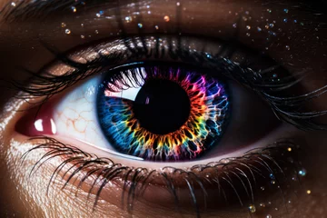 Foto op Canvas Scattered rainbow lines form a volumetric human eye iris and pupil after a bright flash  © AI Petr Images