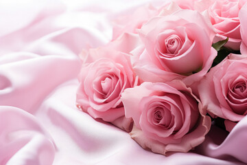 Close-up of blooming pink roses and petals on white background elegantly romantic 