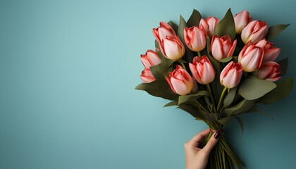 Hands holding a bouquet of tulips isolated on blue background. Wedding bouquet. Valentine's day. Red tulips. Flower
