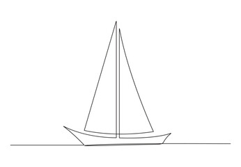  Continuous one line drawing little sailing ship, boat, sailboat, flat style. Icon or symbol of toy boat, sailing ship, sailboat with white sails. Isolated on white background vector illustration.