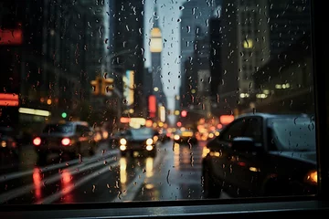 Foto op Aluminium New York taxi Big city view from car window during rain. Car glass covered with rain drops. Bokeh view of car light and huge skyscrapers through car window. Generative AI