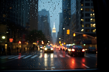 Big city view from car window during rain. Car glass covered with rain drops. Bokeh view of car...