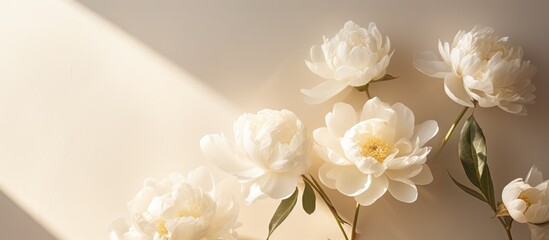 Neutral beige background showcasing elegant white peony flowers with sunlit shadows in a top view bohemian aesthetic