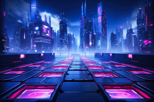 3D rendering: futuristic cyberpunk city gaming wallpaper esports gamer vs neon glow sign player challenge 