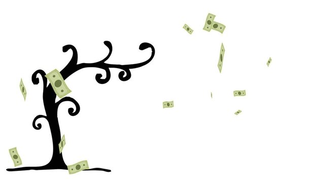 Animation motion graphics showing a money tree with fly away dollar bills