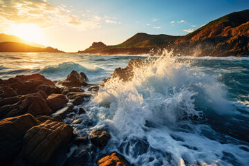 Ocean waves crash upon the shore in graceful motion 