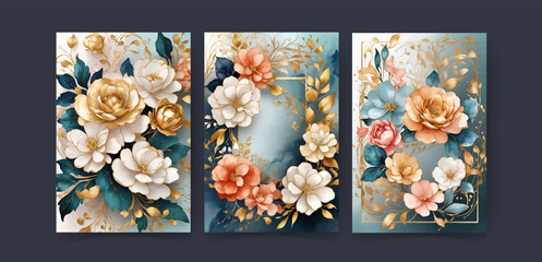 Spring floral in watercolor background. Luxury wallpaper design with flowers, line art, golden texture. Elegant gold blossom flowers illustration suitable for fabric, prints, cover, vivid flowers,