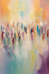 Walking in Colorful Reflections, Crowd and Time Abstract Painting, Impressionist Conceptual Illustration