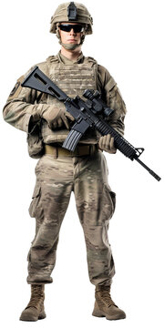 An American soldier in full-length sunglasses with a weapon in his hands. Modern equipment. Isolated on transparent background