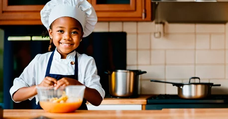 Foto op Aluminium A happy African American little girl wearing a chef outfit cooking in the kitchen, © Creative mind