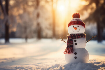 Welcome to the winter Christmas holidays with a festive snowman at a winter sunset, Santa's day is coming.copy space - obrazy, fototapety, plakaty