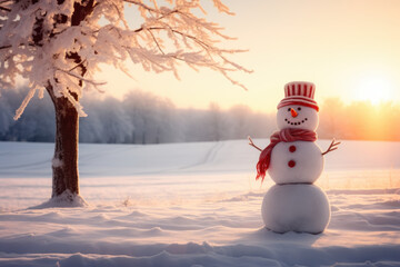 Obraz premium Hello Winter dawn with a festive snowman: a charming way to celebrate the arrival of the Christmas holidays, Santa's day is coming.copy space