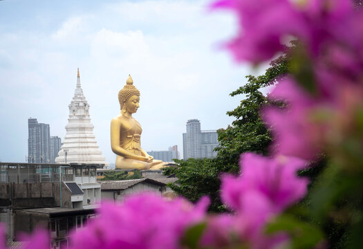 Bangkok, Thailand - October 8th, 2023: Big golden buddha statue at Wat Paknam Phasi Charoen Temple. A massive beautiful and popular temple. with pink flower foreground and sky background. spot focus.