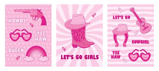 Retro pink cowgirl posters set. Set of wild west posters with illustration in pink color. Trendy retro posters with hat, revolver, glasses, horseshoe, boots