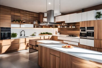 American style wooden kitchen interior and dinning .