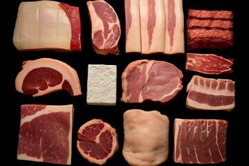 Various cuts of pork, see-through background image. Generative AI