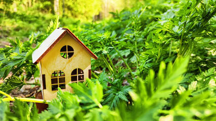 miniature toy house in grass close up, spring natural background. symbol of family. mortgage, construction, rental, property concept. Eco Friendly home. template for design. soft selective focus