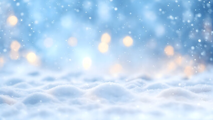Beautiful winter light elegant background with blurry christmas lights, snowdrifts and and light snowfall.AI