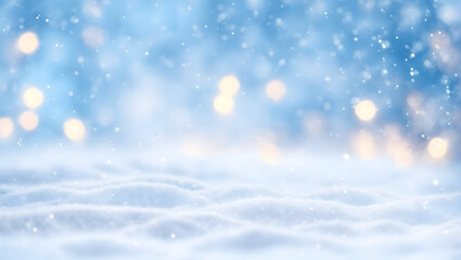 Beautiful winter light elegant background with blurry christmas lights, snowdrifts and and light snowfall.AI