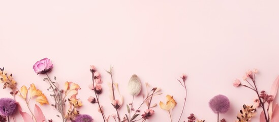 Flat lay of pink dried flowers on pastel background