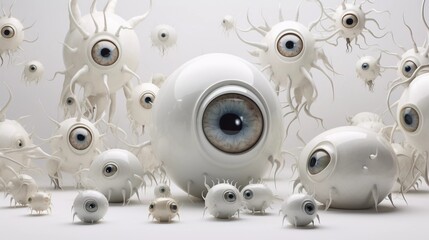 Viele weiße futuristische Augen mit Tentakeln.