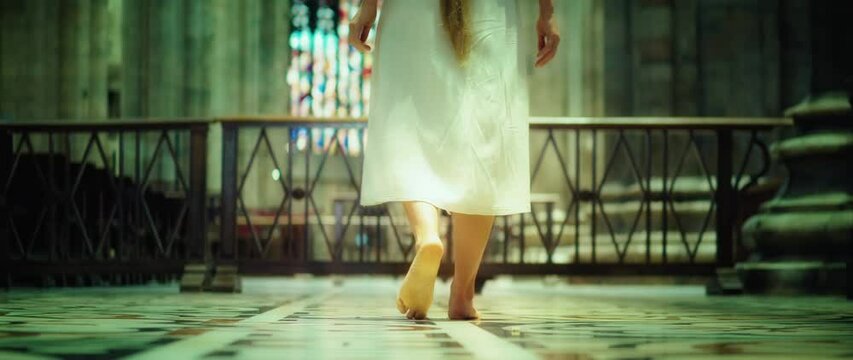 Barefoot tramp young woman wanderer looking for God in church. Traditional washing of feet at the Lords Supper