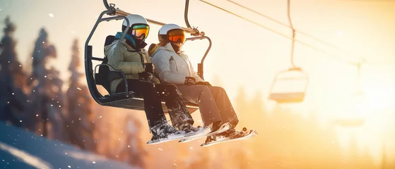 Foto op Aluminium Happy People on ski lift on scenery sunset snowy mountain. Skiers or snowboarders tourism. Winter resort concept. Panorama view. Generative ai © Inai