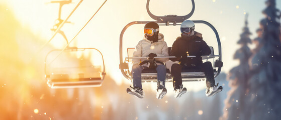 Happy People on ski lift on scenery sunset snowy mountain. Skiers or snowboarders tourism. Winter resort concept. Panorama view. Generative ai - obrazy, fototapety, plakaty
