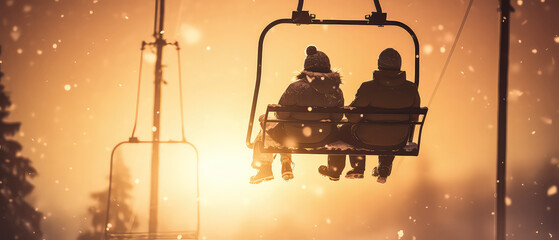 Happy People on ski lift on scenery sunset snowy mountain. Skiers or snowboarders tourism. Winter resort concept. Panorama view. Generative ai