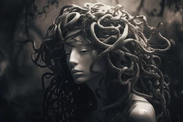 Foto op Aluminium Culture and religious, fine art and make-up concept. Abstract Medusa woman portrait with snakes hair hiding in shadows. Mythical creature portrait. Dark mysterious mood. Generative AI © Rytis