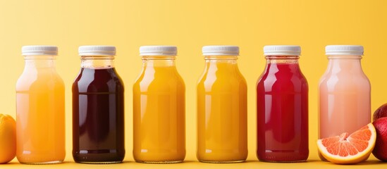 Colorful plastic bottles of healthy organic detox juice on a soft orange backdrop available in various flavors