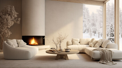 Fototapeta na wymiar 白を基調とした冬の暖かそうなリビングルーム