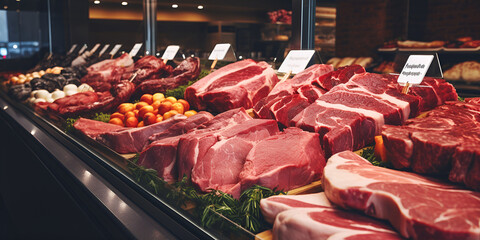 Meats exposed in a central market butcher shop