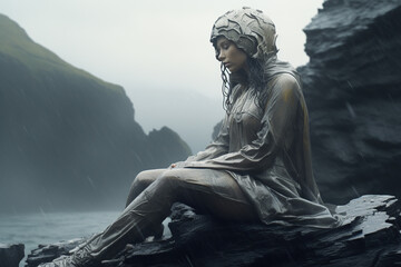 Sci-fi, fantasy, states of mind, nature concept. Half woman half robot meditating on rock during rain. Generative AI