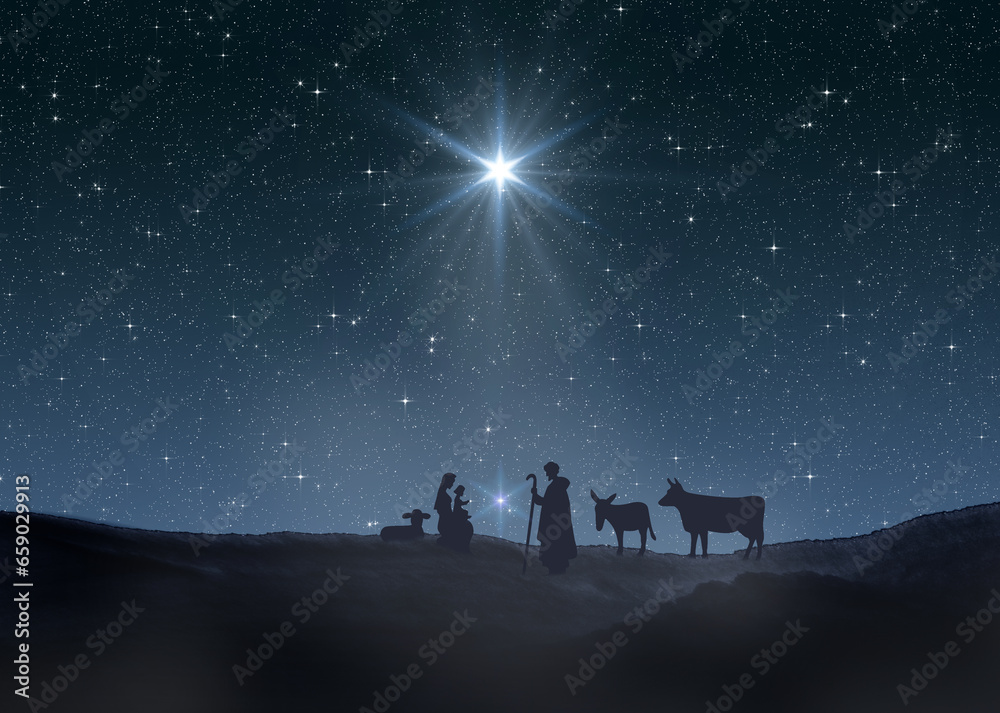 Wall mural bright star of bethlehem, or christmas star. silhouettes of jesus christ, mary, joseph and animals