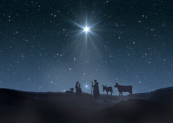 Bright Star of Bethlehem, or Christmas Star. Silhouettes of Jesus Christ, Mary, Joseph and animals
