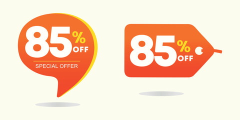85% off. Tag special offer, sticker. Poster twenty percent off price, value. Advertising for sales, promo, discount, shop. Symbol, icon, vector