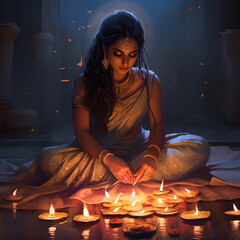 Indian woman lighting traditional oil lamps in a serene setting.