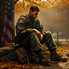 Soldier sitting near the tree with American flag. - obrazy, fototapety, plakaty