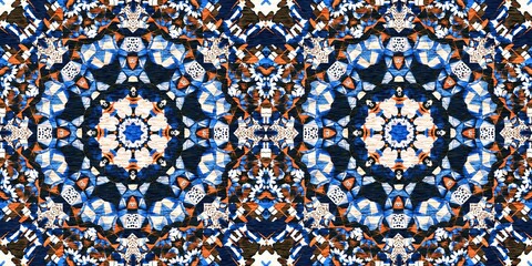 Indigo blue white vibrant watercolor batik azulejos tile border banner background. Seamless coastal blur linen effect geometric mosaic effect.Boho Patchwork nautical masculine summer ribbon trim.  - obrazy, fototapety, plakaty