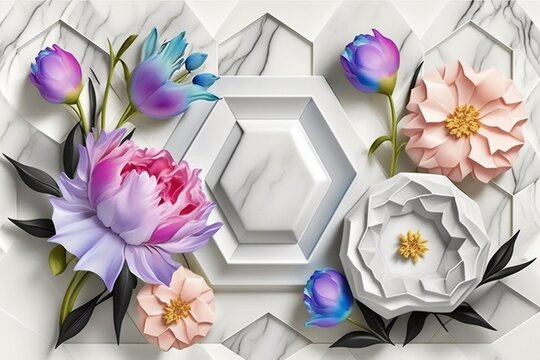 Fototapeta Abstract 3d marble texture ceramic seamless pattern geometric polygon with floral ornament decor and bright color flowers. 3D interior mural wallpaper for living room.