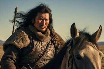 Genghis Khan Emperor Ancient Mongolian Warrior Riding Horse Fighting War Man Mongol Empire Asian Conqueror China Yuan Dynasty Grassland Nomads Castle War App Online Games TV Drama Movie Wuxia Jin Yong - obrazy, fototapety, plakaty