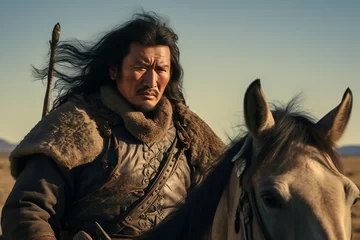Deurstickers Genghis Khan Emperor Ancient Mongolian Warrior Riding Horse Fighting War Man Mongol Empire Asian Conqueror China Yuan Dynasty Grassland Nomads Castle War App Online Games TV Drama Movie Wuxia Jin Yong © Vibes 16:9