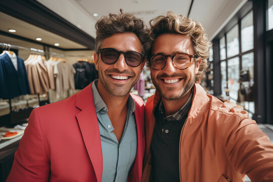 A Happy  Couple Taking Selfies And Wearing Bright Solid Light Spring Clothes In A Plaza Shopping District 